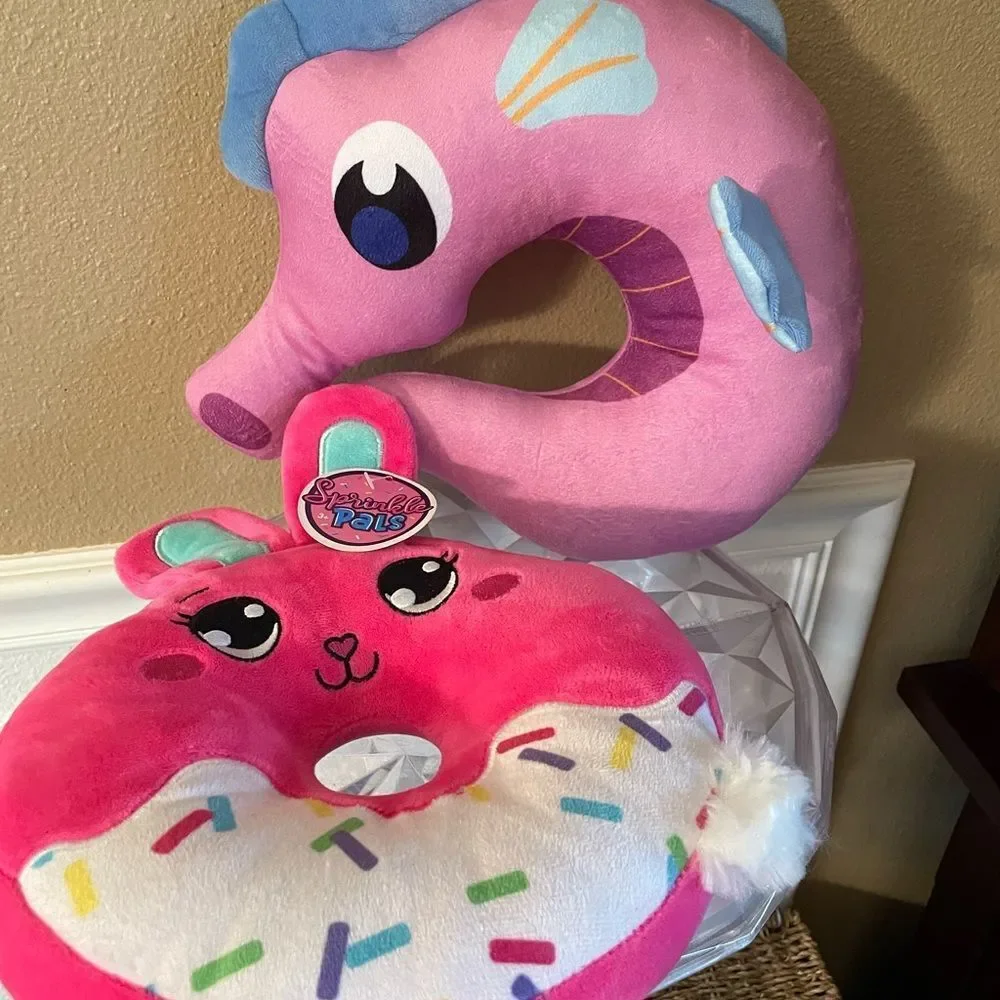 Pink and Blue Plush Seahorse and Donut Toy Set